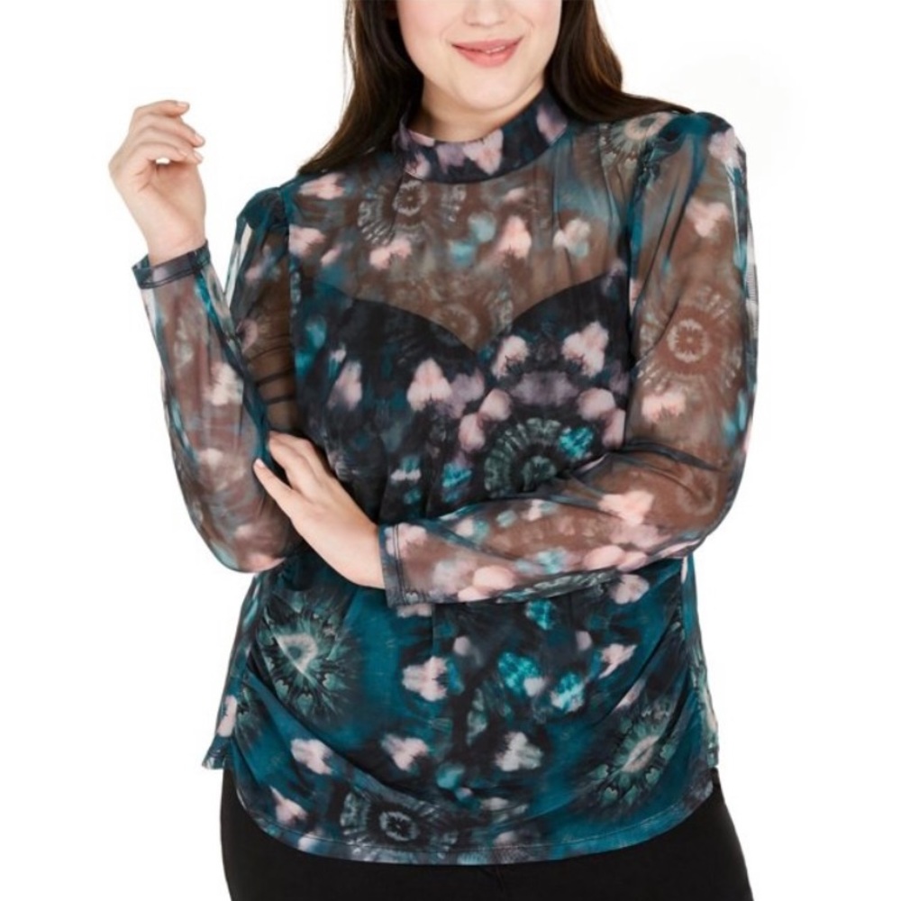 NWT INC Womens Plus L Multicolor Tie Dye Mesh Mock Neck Lined Blouse Top BZ83